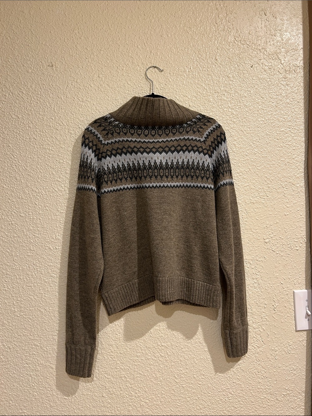 Women's Shawl Collar Fair Isle Sweater - Taupe - Picture 9 of 12